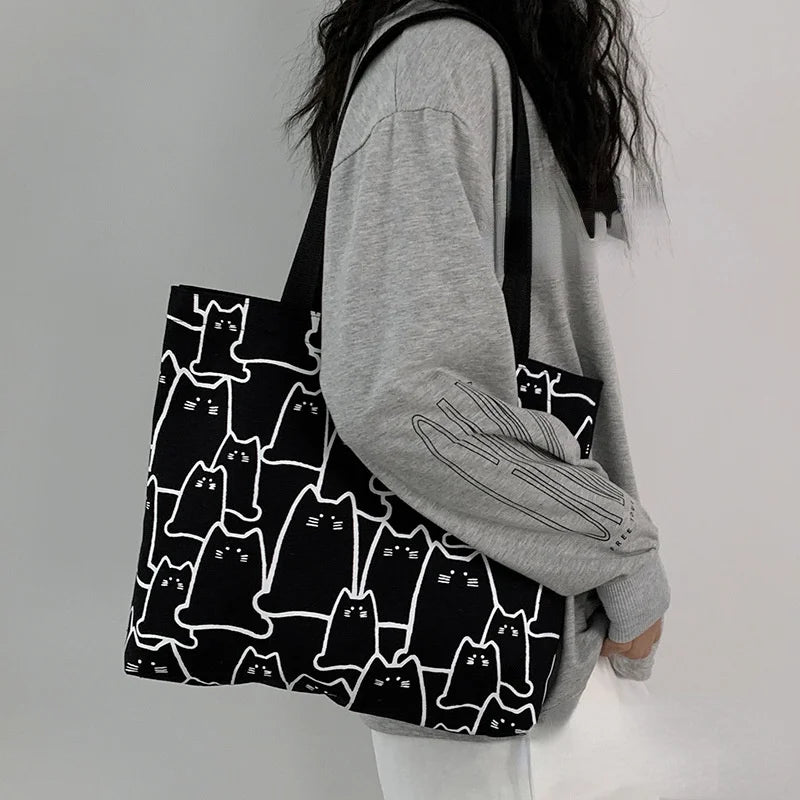 Canvas Cat Tote Handbag
