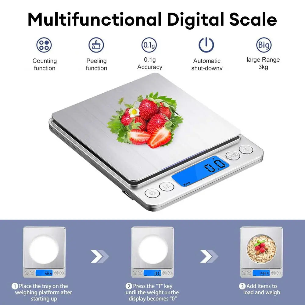 Digital Kitchen Scale - 500g/1kg/2kg/3kg Food & Jewelry Weight Scale