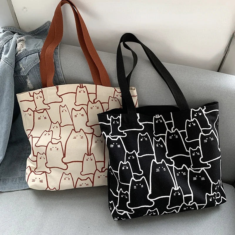 Canvas Cat Tote Handbag