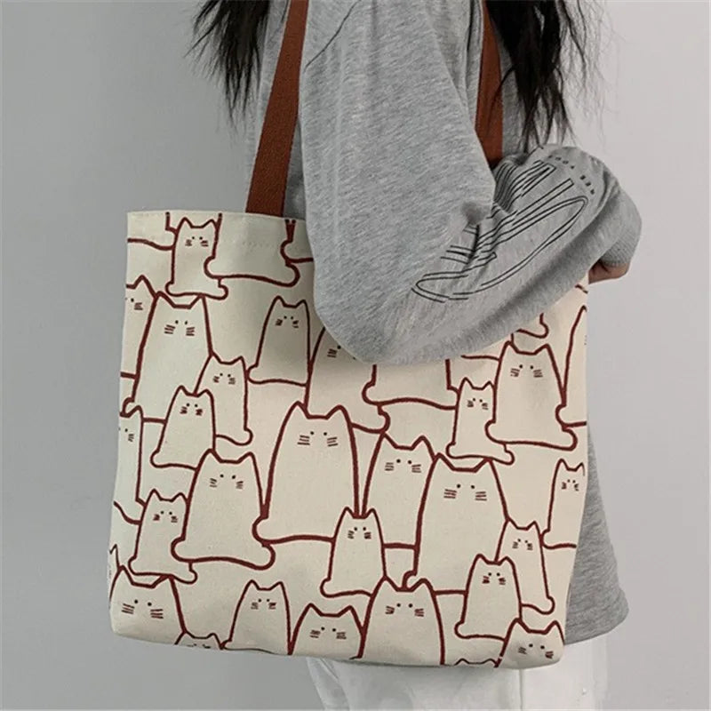 Canvas Cat Tote Handbag