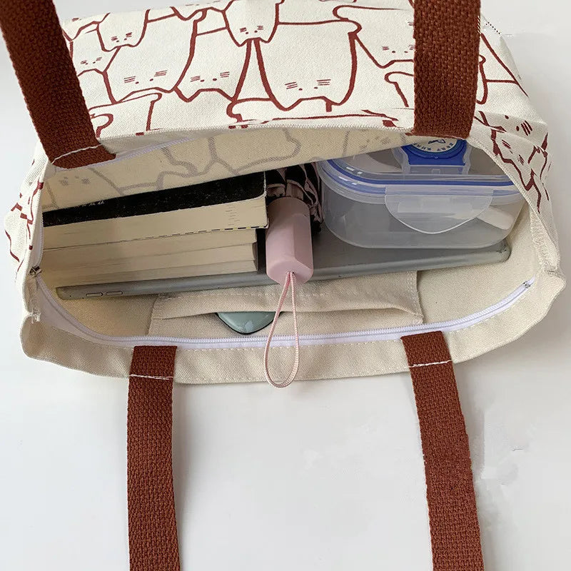 Canvas Cat Tote Handbag